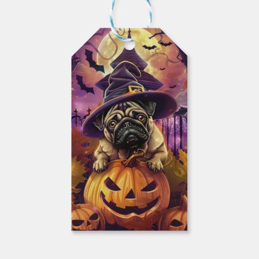 Spooky Pug Dog Halloween Witch and Pumpkin Cadeaulabel (Achterkant)