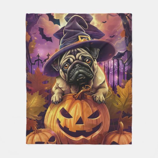 Spooky Pug Dog Halloween Witch and Pumpkin Fleece Deken (Voorkant)