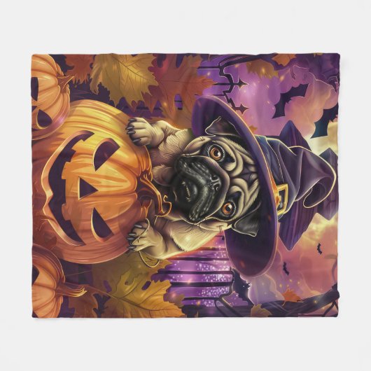 Spooky Pug Dog Halloween Witch and Pumpkin Fleece Deken (Voorkant (Horizontaal))