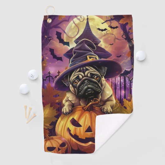 Spooky Pug Dog Halloween Witch and Pumpkin Golfhanddoek (Insitu)