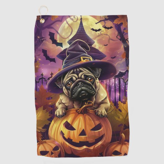 Spooky Pug Dog Halloween Witch and Pumpkin Golfhanddoek (Voorkant)