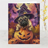 Spooky Pug Dog Halloween Witch and Pumpkin Kaart (Gele Bloem)
