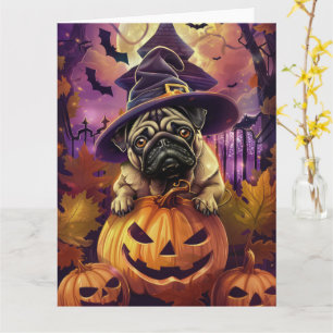 Spooky Pug Dog Halloween Witch and Pumpkin Kaart