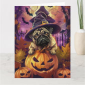 Spooky Pug Dog Halloween Witch and Pumpkin Kaart (Voorkant)