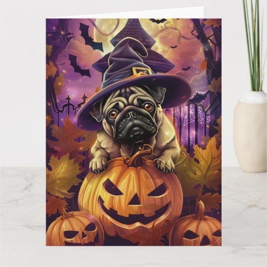 Spooky Pug Dog Halloween Witch and Pumpkin Kaart (Voorkant)