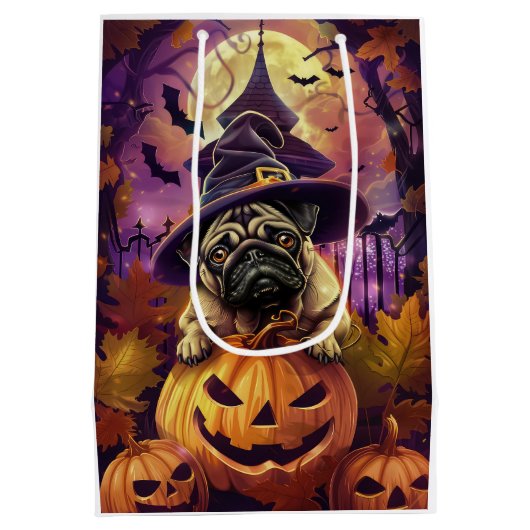 Spooky Pug Dog Halloween Witch and Pumpkin Medium Cadeauzakje (Achterkant)