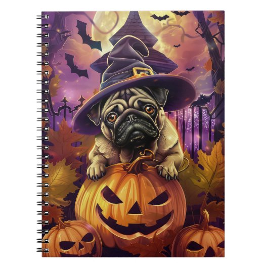 Spooky Pug Dog Halloween Witch and Pumpkin Notitieboek (Voorkant)
