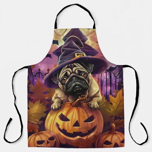 Spooky Pug Dog Halloween Witch and Pumpkin Schort (Voorkant)