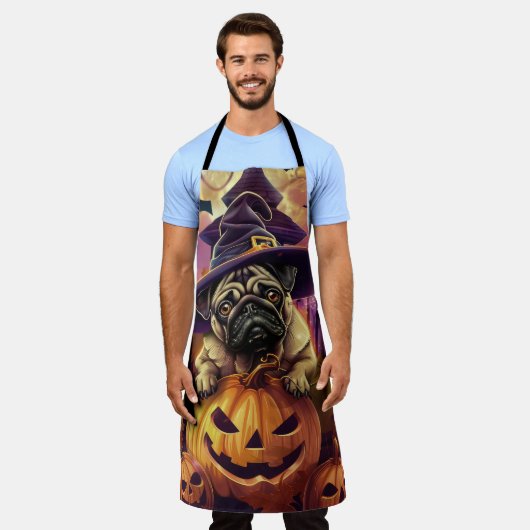 Spooky Pug Dog Halloween Witch and Pumpkin Schort (Gedragen)