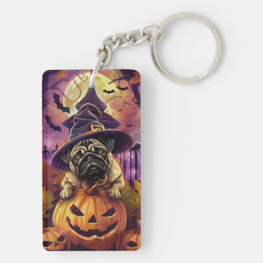 Spooky Pug Dog Halloween Witch and Pumpkin Sleutelhanger (achterkant)