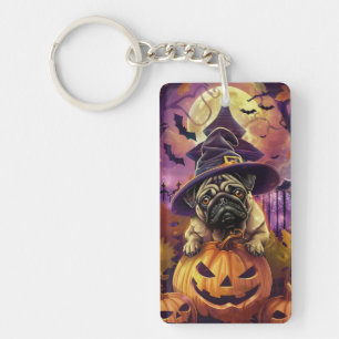 Spooky Pug Dog Halloween Witch and Pumpkin Sleutelhanger