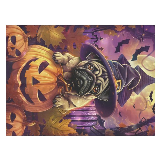 Spooky Pug Dog Halloween Witch and Pumpkin Tafelkleed (Voorkant (Horizontaal))