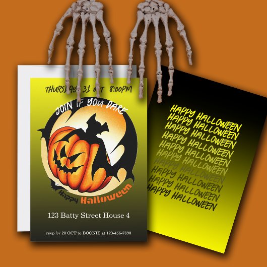 Spooky Pumpkin Bat Halloween Party Kaart