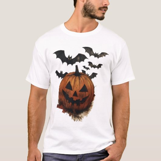Spooky Pumpkin & Bats Halloween Art T-shirt (Voorkant)