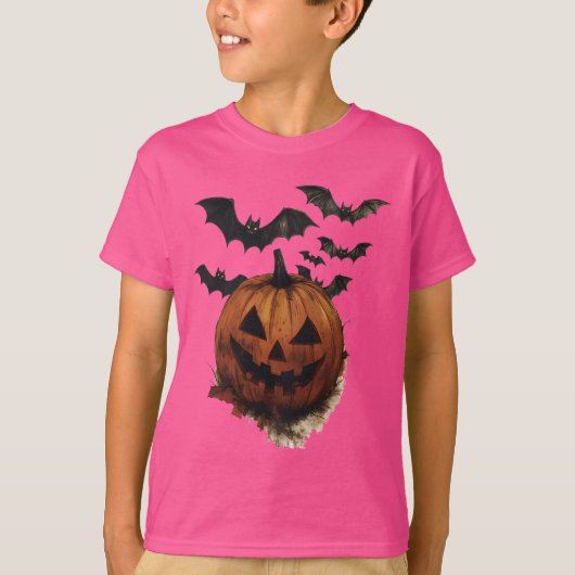 Spooky Pumpkin & Bats Halloween Art T-shirt (Voorkant)