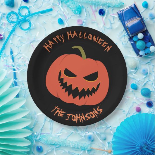 Spooky Pumpkin Black Halloween party jouw naam Papieren Bordje (Feest)
