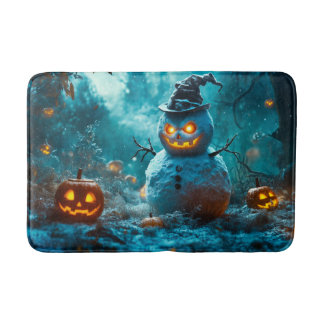 Spooky Pumpkin en Snowman, Forest Halloween Scene Badmat