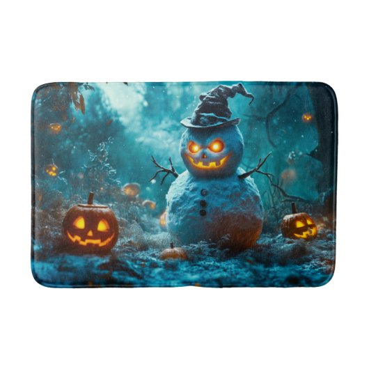 Spooky Pumpkin en Snowman, Forest Halloween Scene Badmat (Voorkant)