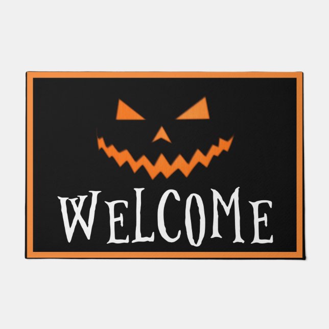 Spooky Pumpkin Face Oranje Black Halloween Welcome Deurmat (Voorkant)