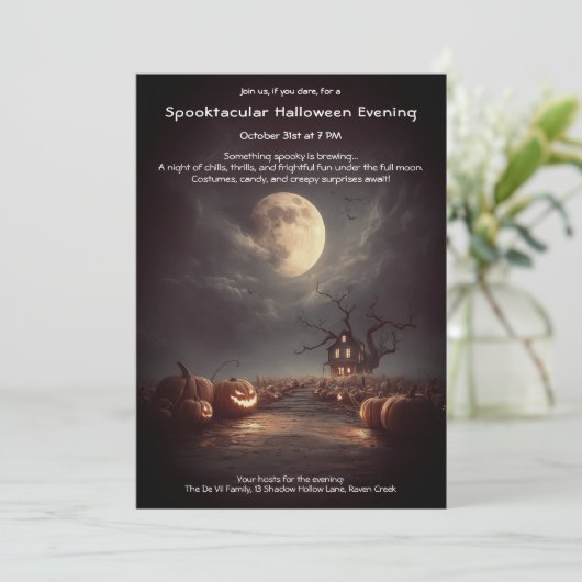 Spooky Pumpkin Field Halloween Party Uitnodiging (Staand voorkant)