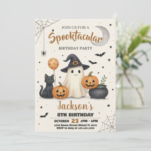 Spooky Pumpkin & Ghost Party Uitnodiging voor kind (Staand voorkant)