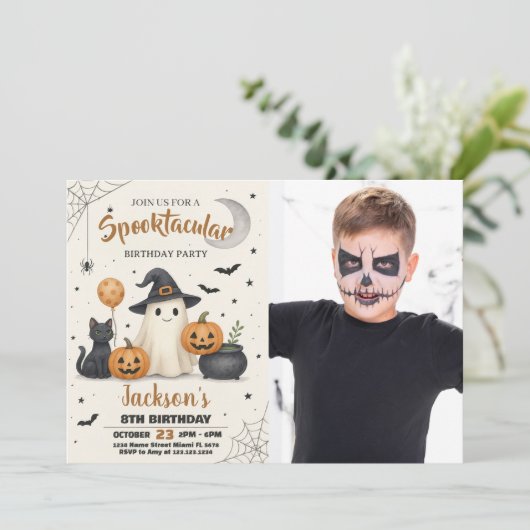 Spooky Pumpkin & Ghost Party Uitnodiging voor kind (Staand voorkant)