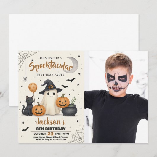 Spooky Pumpkin & Ghost Party Uitnodiging voor kind (Voorkant / Achterkant)