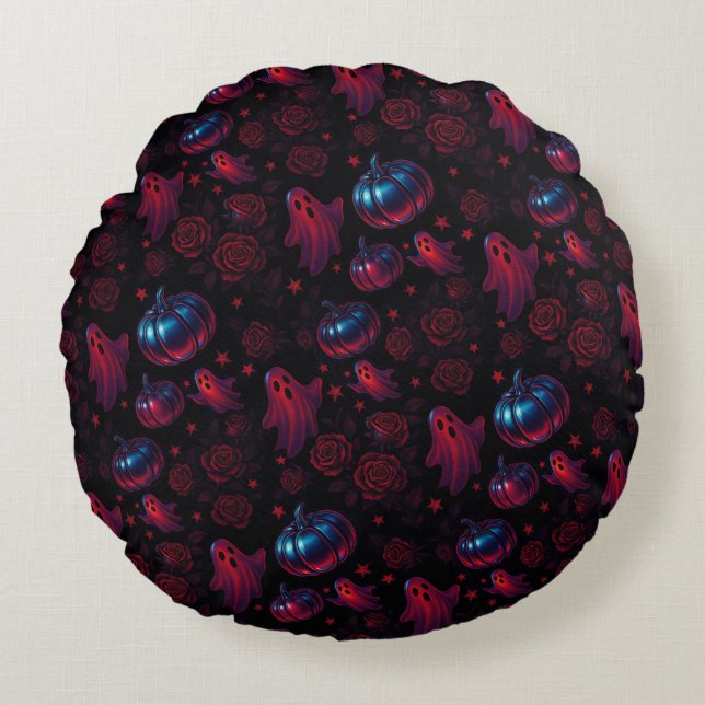 Spooky Pumpkin Ghost Rose Round Pillow Rond Kussen (Voorkant)