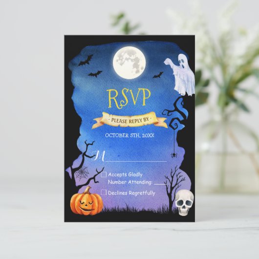 Spooky Pumpkin Ghost Skull Halloween RSVP (Staand voorkant)
