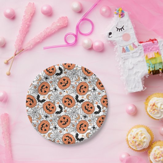 Spooky Pumpkin Halloween Pattern Papieren Bordje (Feest)