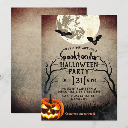 Spooky Pumpkin Haunted Halloween Party Kaart (Voorkant / Achterkant)