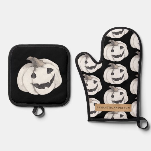 Spooky Pumpkin Pattern | Happy Halloween Ovenwant & Pannenlap Set (Voorkant)