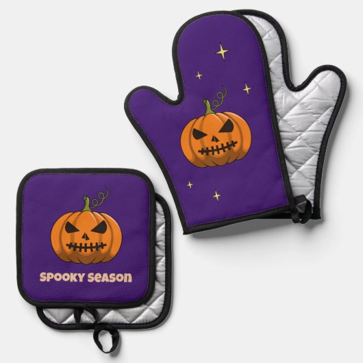 Spooky Pumpkin Season Oven Mitt & Pot Holder Set (Voorkant / Achterkant)