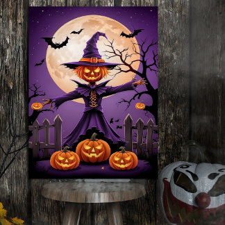 Spooky Pumpkin Witch with Full Moon Poster