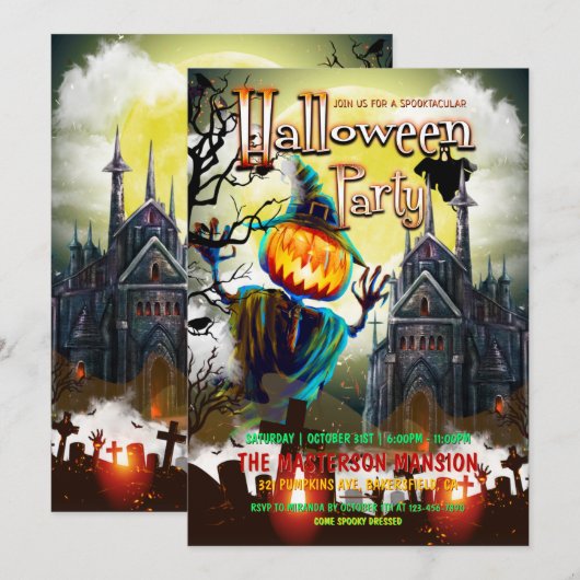 Spooky Pumpkins, Graveyard, Ghost Halloween Party Kaart (Voorkant / Achterkant)