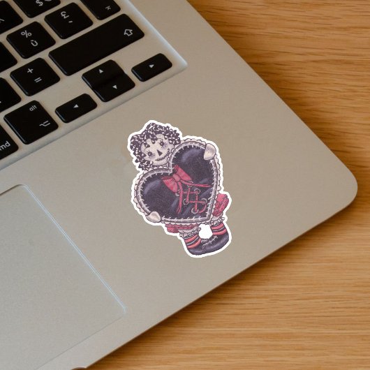 Spooky Rag Doll Yarn Hair Big Black Heart Red Bow Sticker