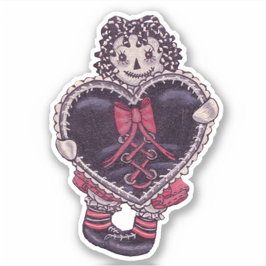 Spooky Rag Doll Yarn Hair Big Black Heart Red Bow Sticker (Voorkant)