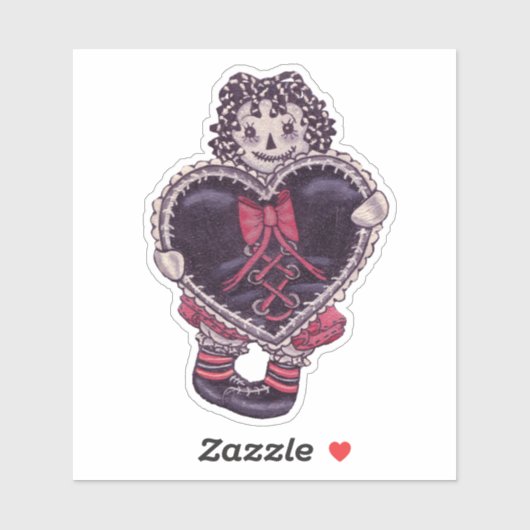 Spooky Rag Doll Yarn Hair Big Black Heart Red Bow Sticker (Vel)