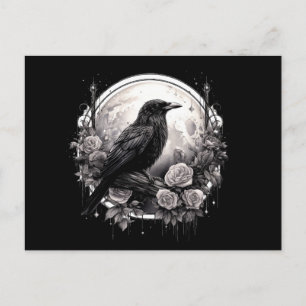 Spooky Raven Crow, Moon & Roos Gothic Illustratie Briefkaart