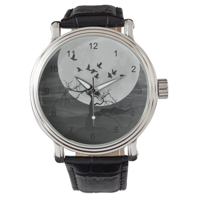 Spooky Ravens Vliegen tegen de Volle Maan Horloge (Voorkant)