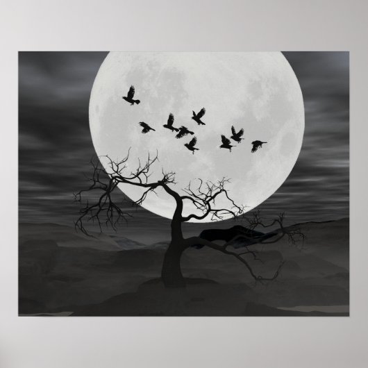 Spooky Ravens Vliegen tegen de Volle Maan Poster (Voorkant)