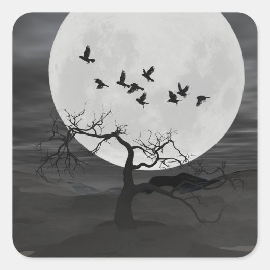 Spooky Ravens Vliegen tegen de Volle Maan Vierkante Sticker (Voorkant)