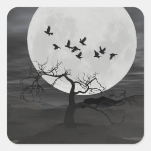 Spooky Ravens Vliegen tegen de Volle Maan Vierkante Sticker
