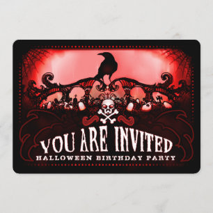 Spooky Red & Black Raven Halloween Birthday Party Kaart