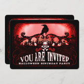 Spooky Red & Black Raven Halloween Verjaardagsfees Kaart (Voorkant / Achterkant)