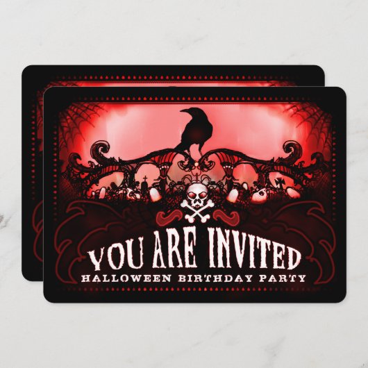 Spooky Red & Black Raven Halloween Verjaardagsfees Kaart (Voorkant / Achterkant)