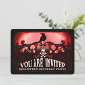 Spooky Red & Black Raven Halloween Verjaardagsfees Kaart (Staand voorkant)
