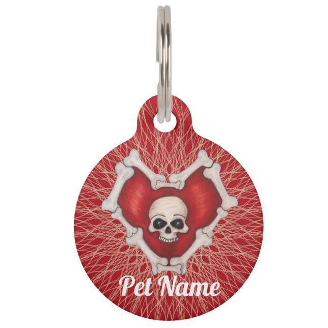 Spooky Red Heart van Botten Spiral Patroon schedel Huisdierpenning (Voorkant)