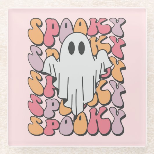 Spooky Retro Ghost Glazen Onderzetter (Voorkant)