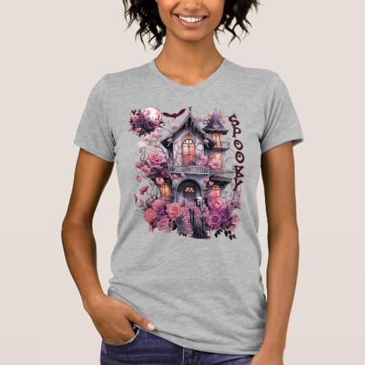 Spooky-Retro-Pink Halloween-Haunted House-Roos T-shirt (Voorkant)